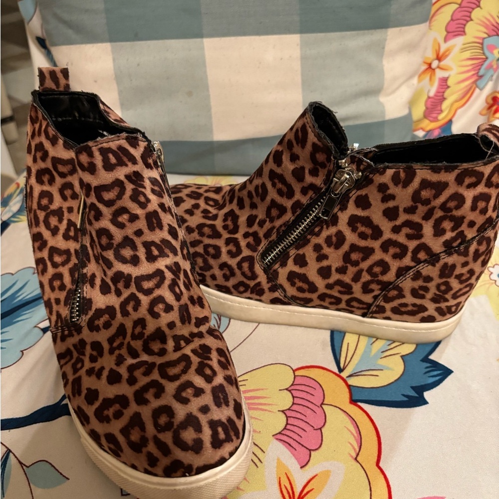 Soda Leopard Print Wedge Boots - Brown
